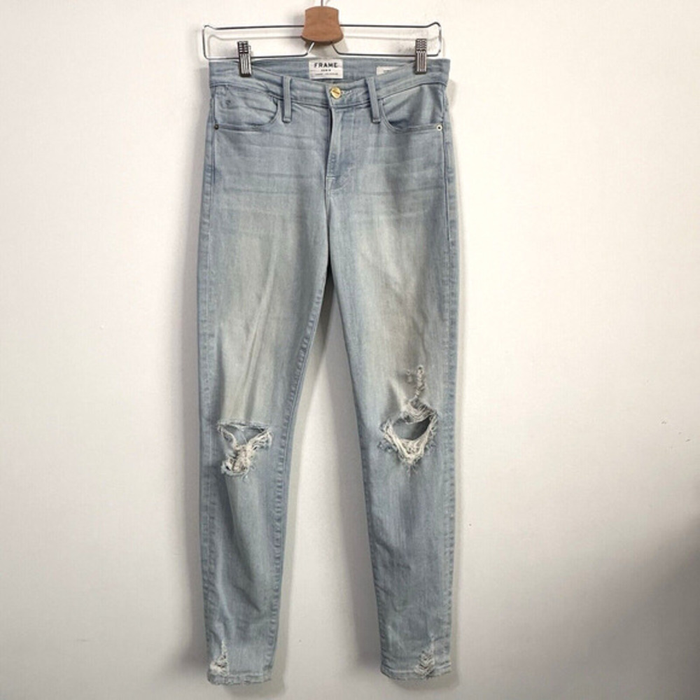 FRAME Le High Skinny Jeans 26 x 29 Light Wash Rush Destroyed Stretch Ankle Blue